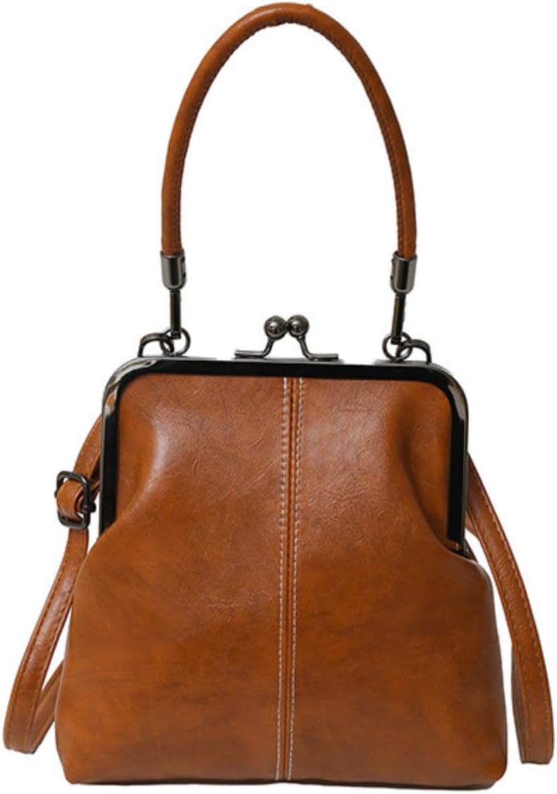 Vintage Handle Bag for Women - Kiss-lock Top, Retro PU Leather Handbag,