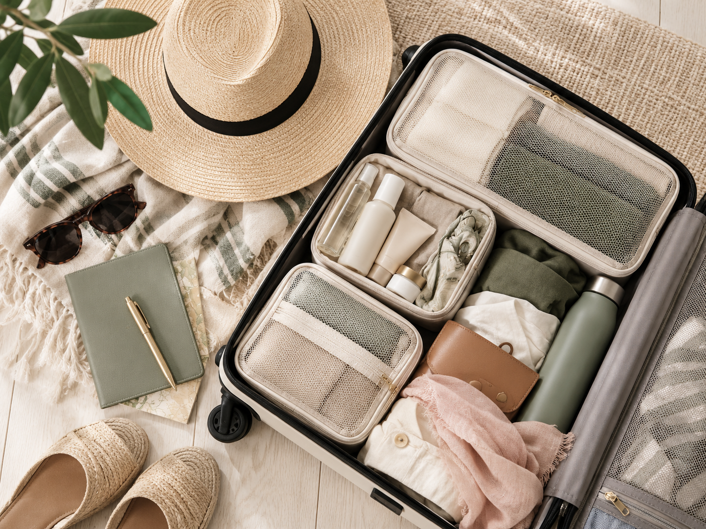 Travel essentials packed in luggage