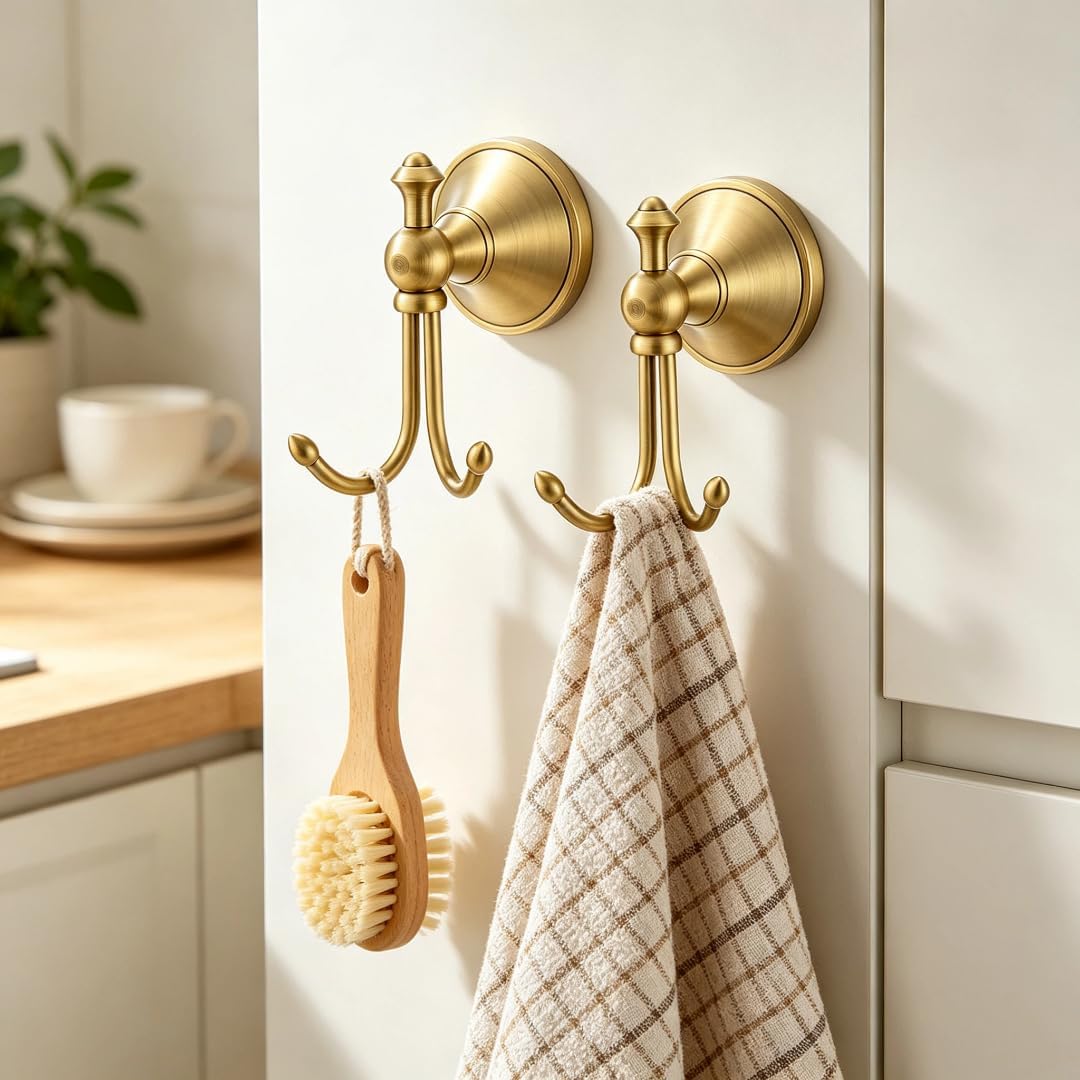2 Pcs Pack Antique Brass Towel Hook Vintage Coat Hook with 2 Hooks Wall Mounted Robe Hooks for Bathrooms and Kitchen Bronze Hand Towel Hook Hanger with Brushed Gold Finish - Image 8