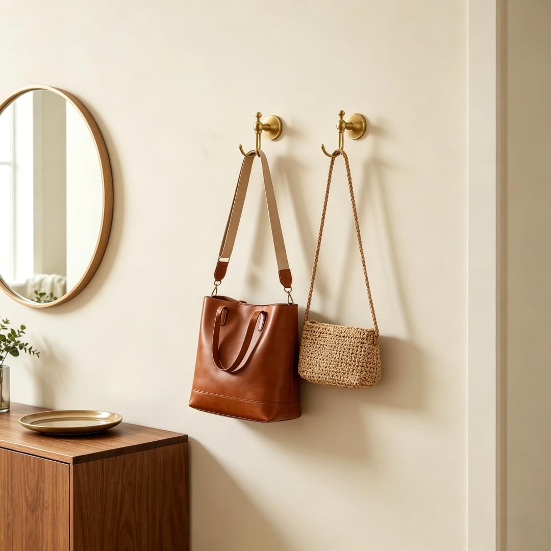 2 Pcs Pack Antique Brass Towel Hook Vintage Coat Hook with 2 Hooks Wall Mounted Robe Hooks for Bathrooms and Kitchen Bronze Hand Towel Hook Hanger with Brushed Gold Finish - Image 9