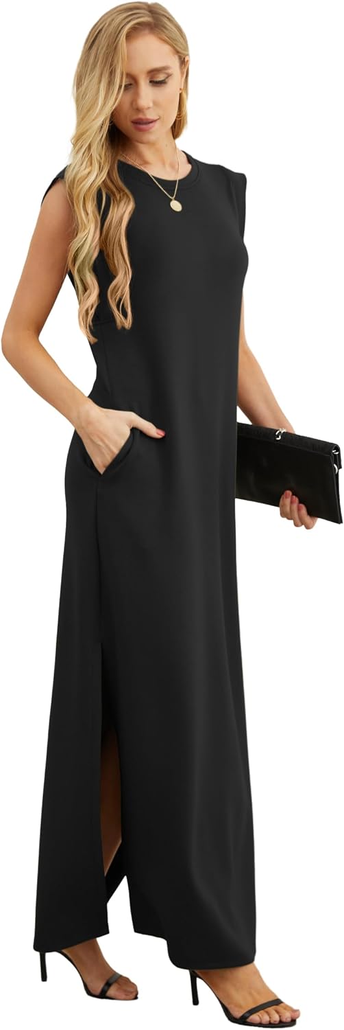 GRECERELLE 2026 Women Year-Round Casual Round Neck Loose Split Wrinkle-Free Long Maxi Vacation Dress with Pockets (XXS-4XL) - Image 4