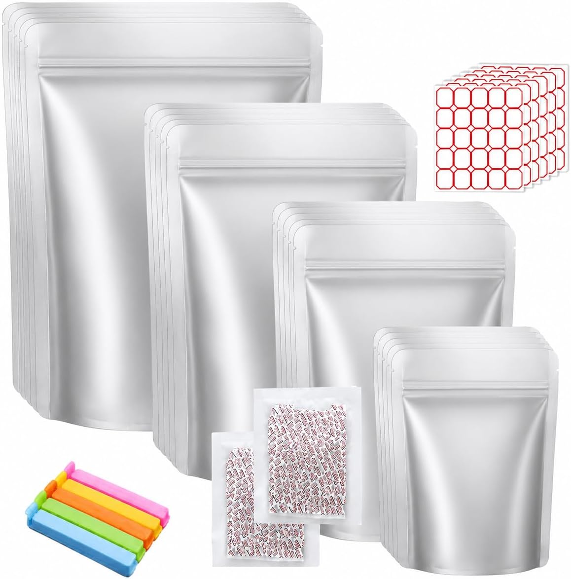 Mylar Bags for Food Storage, 120 PCS Smell Proof Pouches with 150 Oxygen Absorbers, 24 Labels & 15 Sealing Clips, 4 Sizes Resealable Foil Pouches for Long Term Food Storage and Pantry Organization