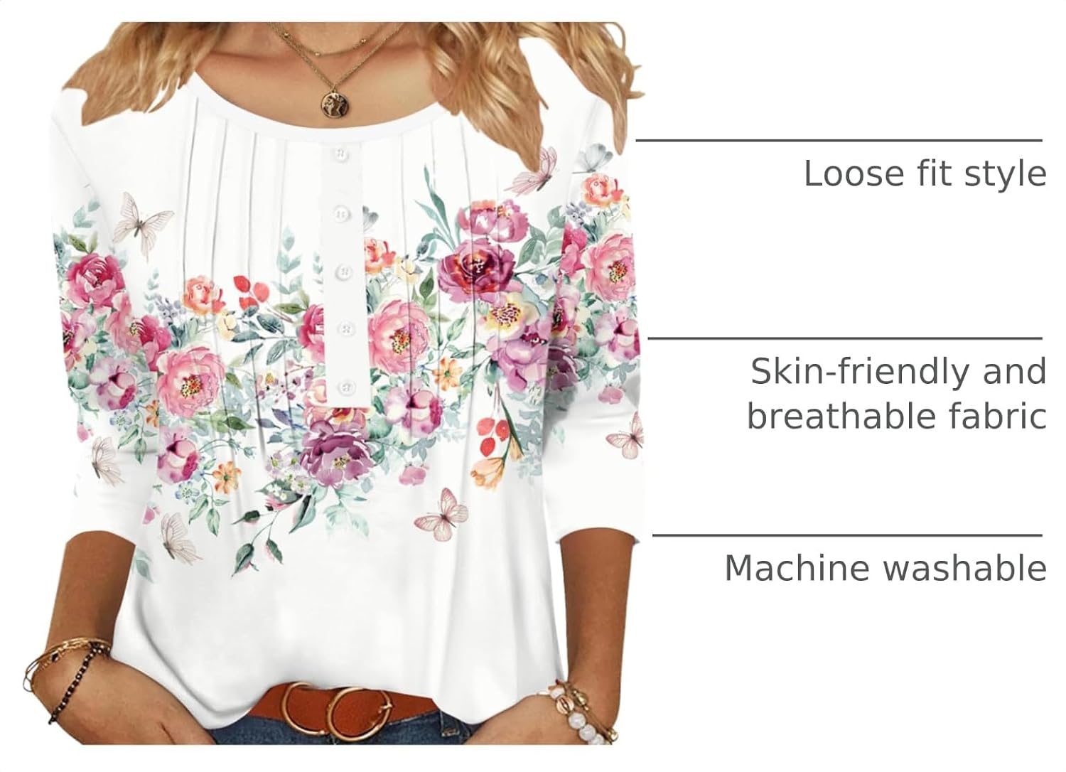 Zeagoo 3/4 Length Sleeve Womens Tops Round Neck Casual Summer Tunic Tops Basic Tees Blouses Dressy T-Shirts Pleated Shirts - Image 4