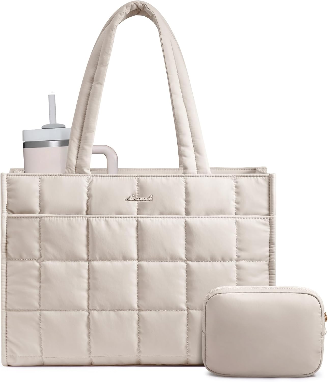 LOVEVOOK Tote Bag for Women, Puffer Work Handbag 15.6 Inch Laptop Purse for Nurse Teacher, Large Quilted Travel Tote Shoulder Bag with Zipper for College Office Clinical Gym, Off white
