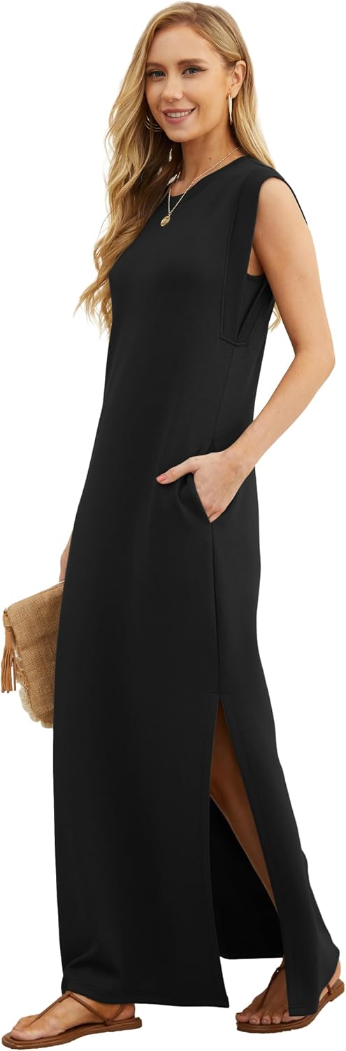 GRECERELLE 2026 Women Year-Round Casual Round Neck Loose Split Wrinkle-Free Long Maxi Vacation Dress with Pockets (XXS-4XL) - Image 2