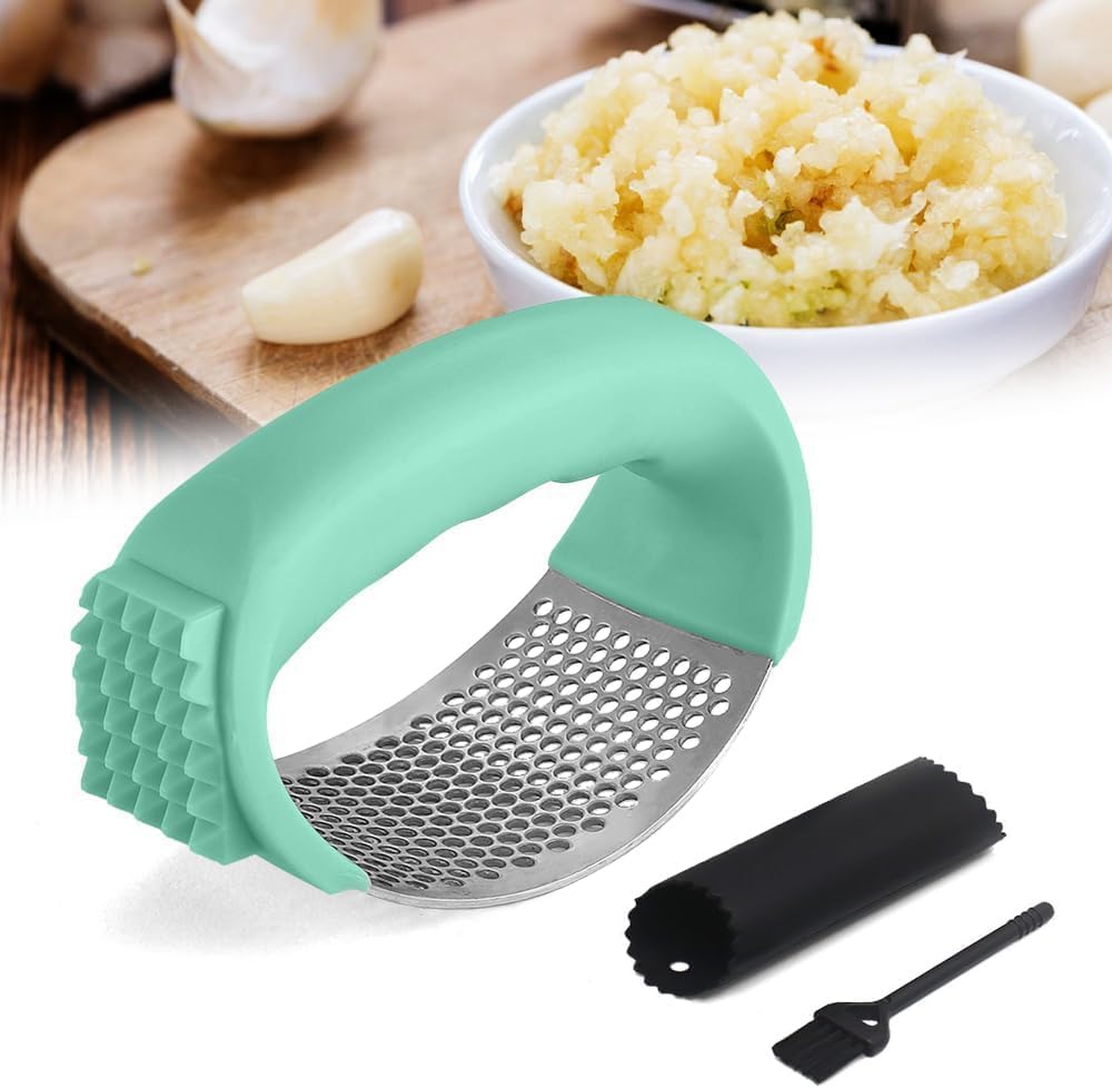 2025 New Upgraded Garlic Press Rocker, Stainless Steel Garlic Press, Garlic Crusher with Peeler and Cleaning Brush, Garlic Chopper for Crush Garlic Kitchen Gadgets, Kitchen Tools (Green)