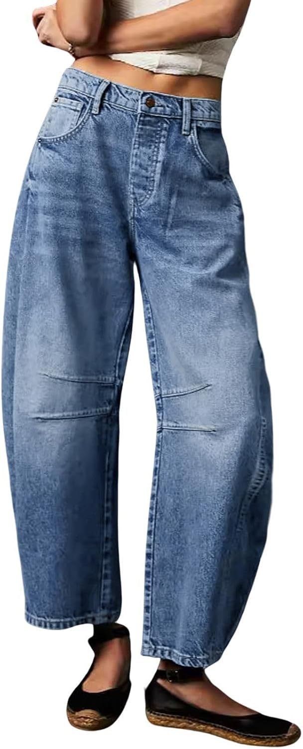 Womens Stretchy Mid Rise Barrel Jea...
