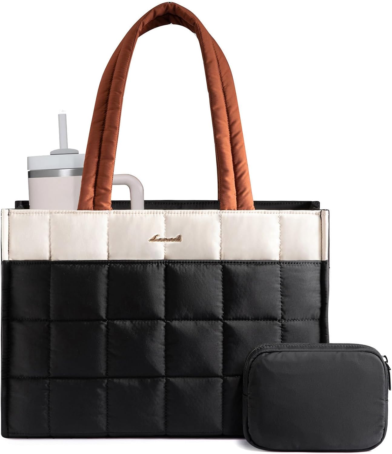 LOVEVOOK Tote Bag for Women, Puffer Work Handbag 15.6 Inch Laptop Purse for Nurse Teacher, Large Quilted Travel Tote Shoulder Bag with Zipper for College Office Clinical Gym, Cream-Black-Brown