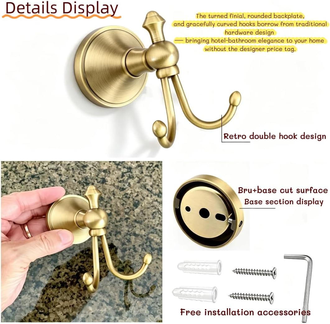 2 Pcs Pack Antique Brass Towel Hook Vintage Coat Hook with 2 Hooks Wall Mounted Robe Hooks for Bathrooms and Kitchen Bronze Hand Towel Hook Hanger with Brushed Gold Finish - Image 3