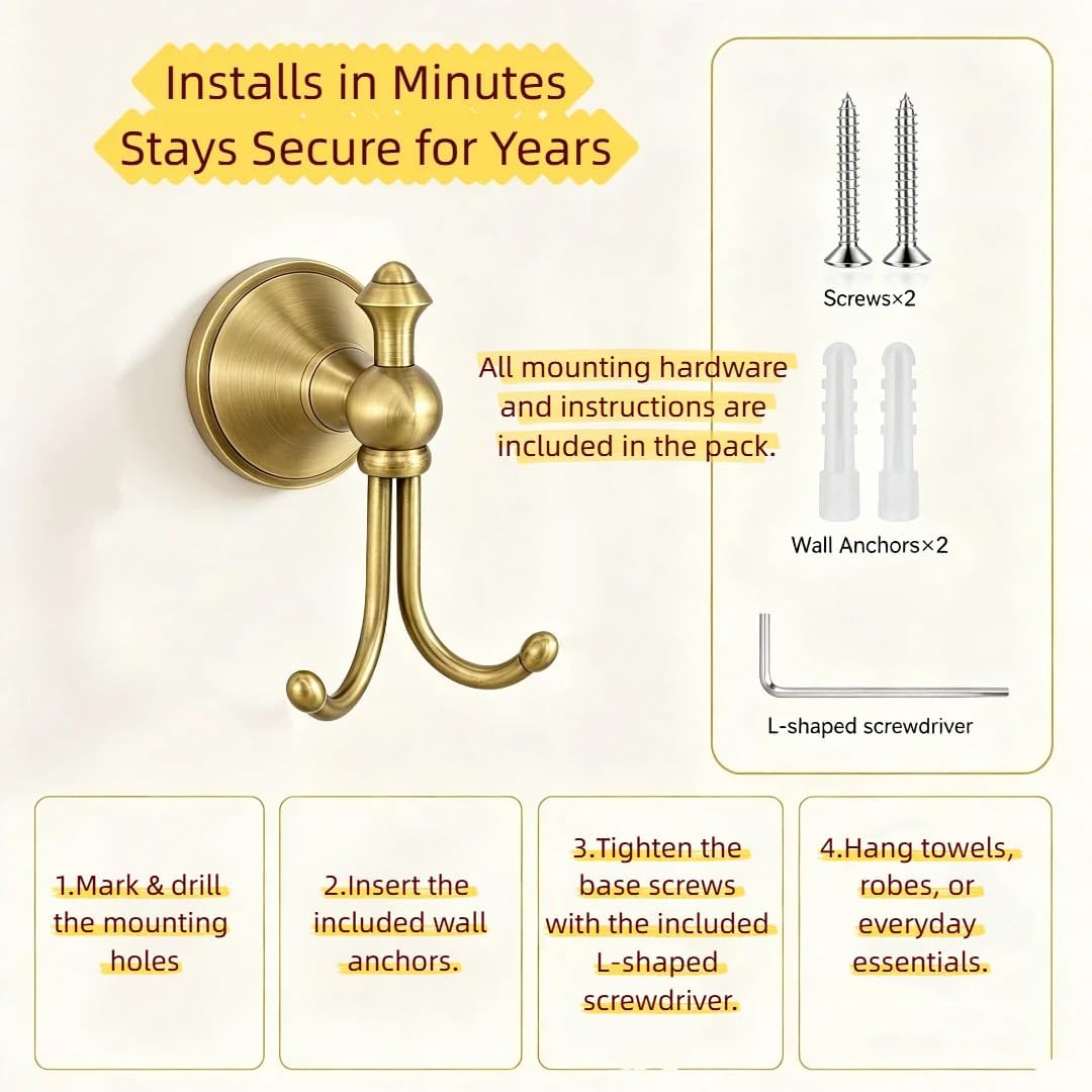 2 Pcs Pack Antique Brass Towel Hook Vintage Coat Hook with 2 Hooks Wall Mounted Robe Hooks for Bathrooms and Kitchen Bronze Hand Towel Hook Hanger with Brushed Gold Finish - Image 6