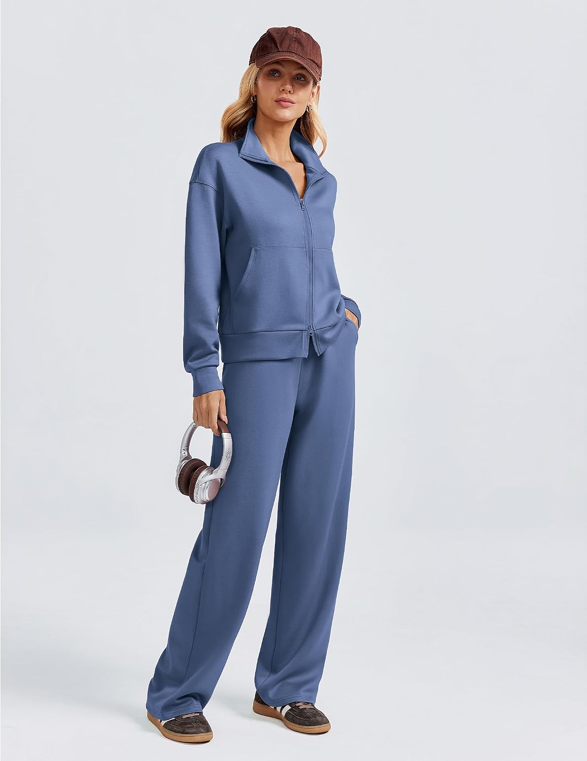 PINSPARK 2 Piece Sets for Women Two-Way Zip Top Wide Leg Pants Tracksuit - Image 6
