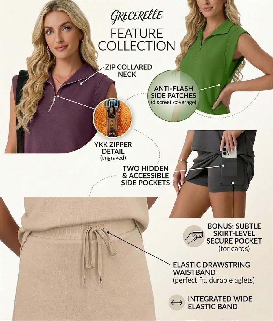 GRECERELLE Women's 2026 Summer 2 Piece Skort Sets Cap Sleeve Zip Collared Top Matching Tennis Skirt with Pockets for Athletic - Image 6