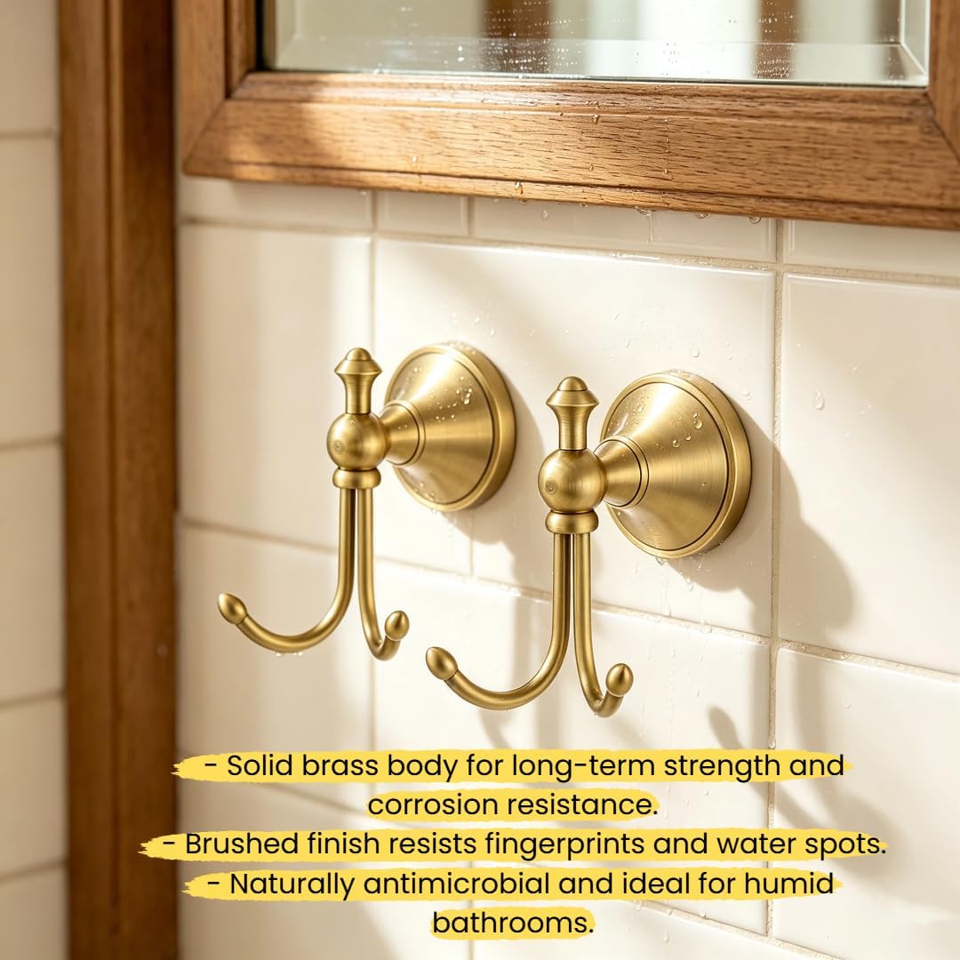 2 Pcs Pack Antique Brass Towel Hook Vintage Coat Hook with 2 Hooks Wall Mounted Robe Hooks for Bathrooms and Kitchen Bronze Hand Towel Hook Hanger with Brushed Gold Finish - Image 5