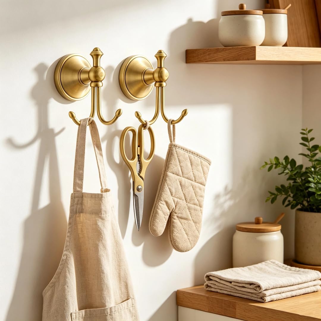 2 Pcs Pack Antique Brass Towel Hook Vintage Coat Hook with 2 Hooks Wall Mounted Robe Hooks for Bathrooms and Kitchen Bronze Hand Towel Hook Hanger with Brushed Gold Finish - Image 7