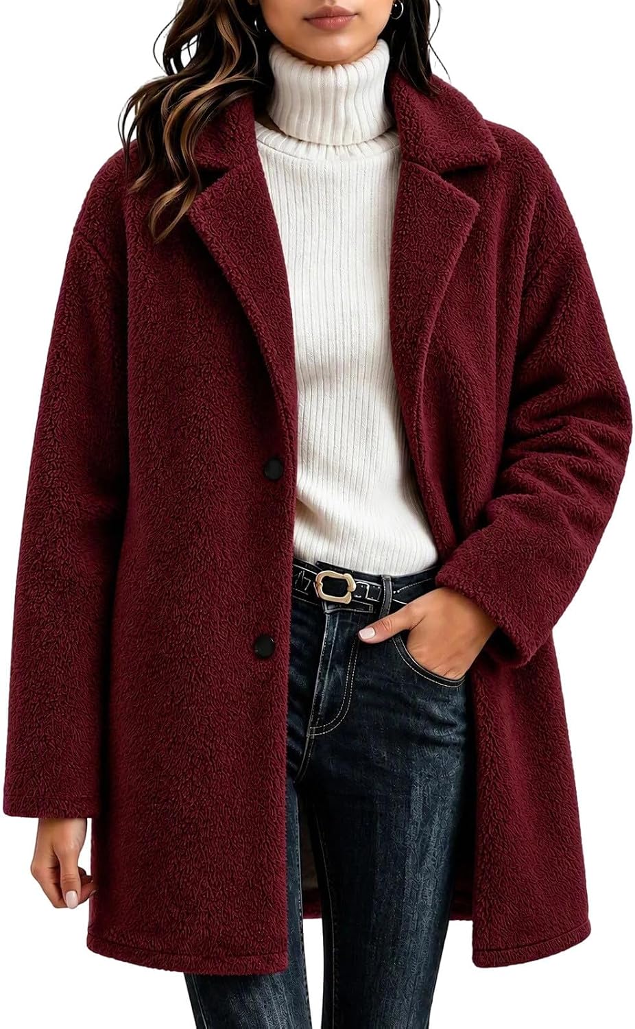 Fuzzy Fleece Pea Coat Women Plush N...