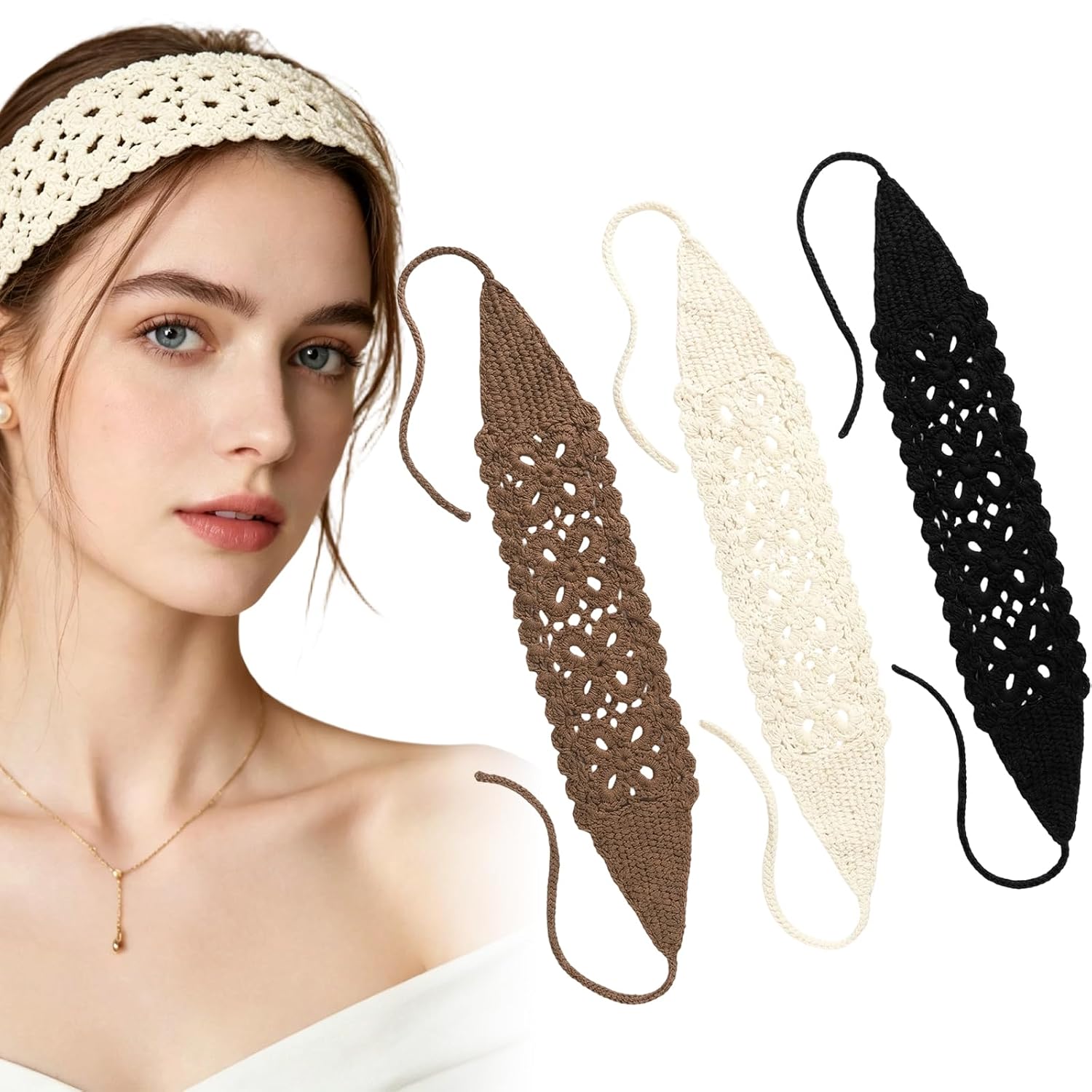 3 Pack Boho Crochet Headbands for W...