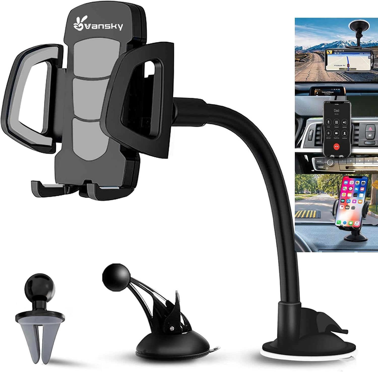 Vansky 3-in-1 Car Phone Holder: 3 Mountings - Fits Windshield Dash Vent