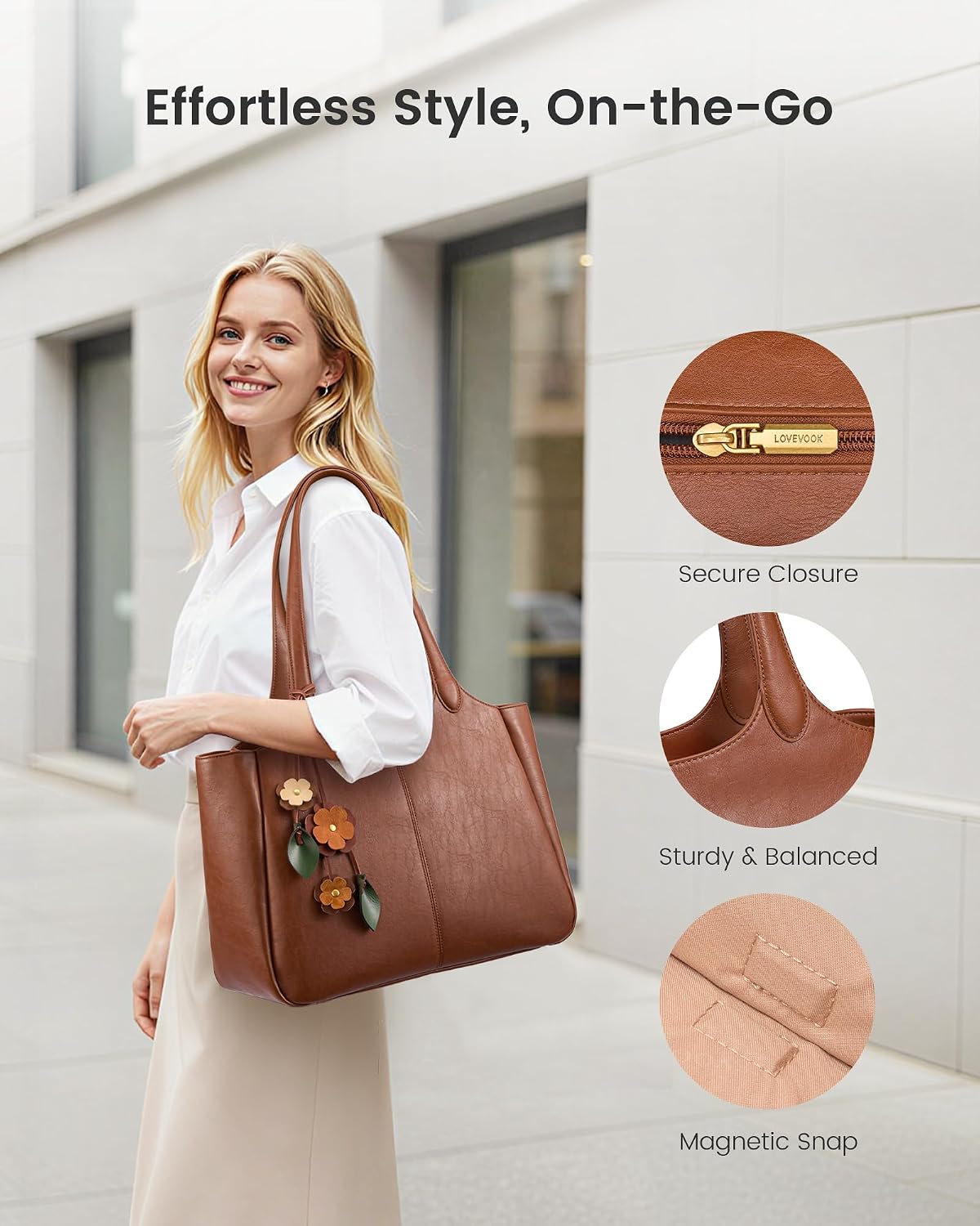 LOVEVOOK Leather Tote Bag for Women, Work Shoulder Bag with 40oz Cup Holder - Image 7