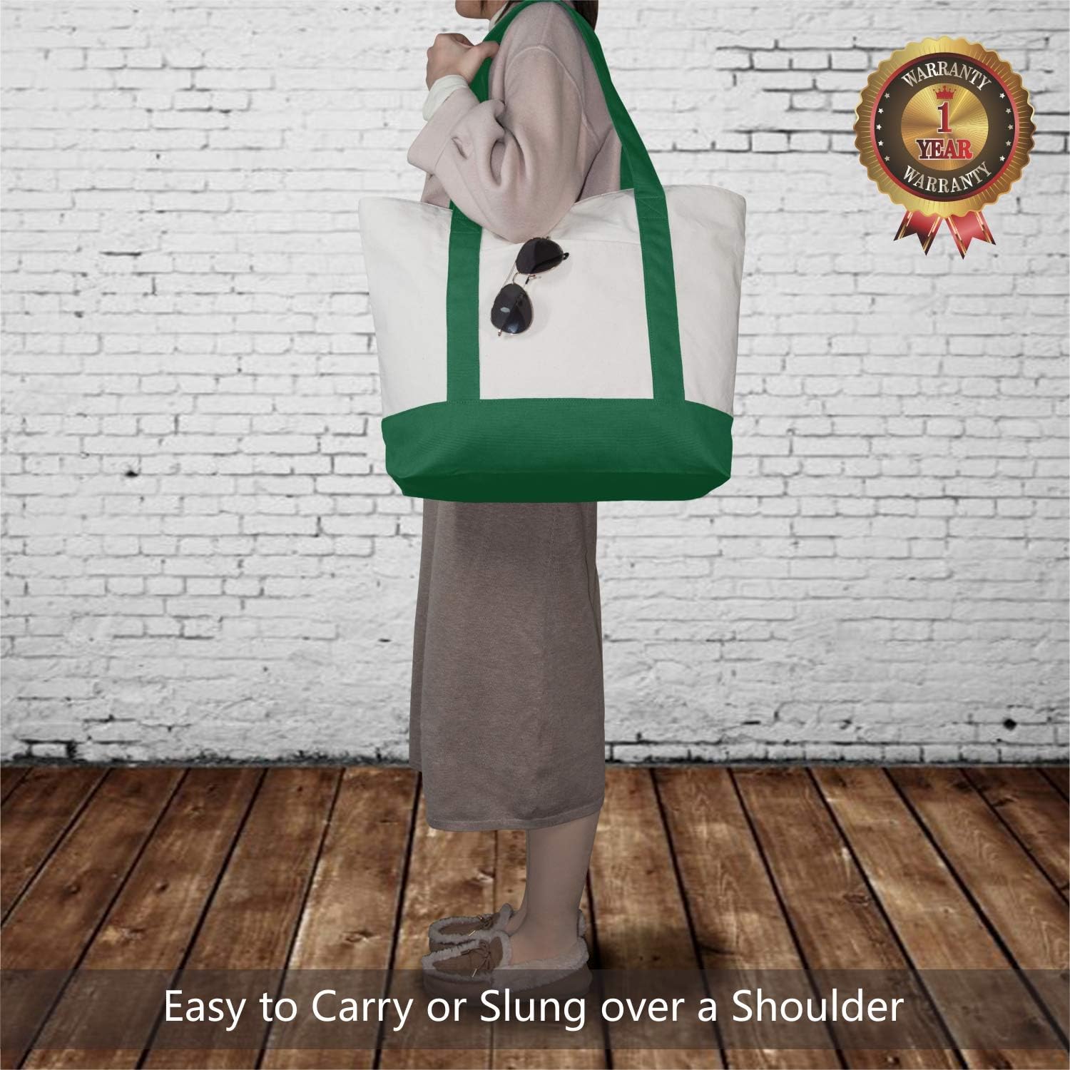 TOPDesign 1-Pack Canvas Tote Bag with an External Pocket, Reusable Grocery Shopping Bag, Top Zipper Closure, Daily Essentials (Green/Natural) - Image 2