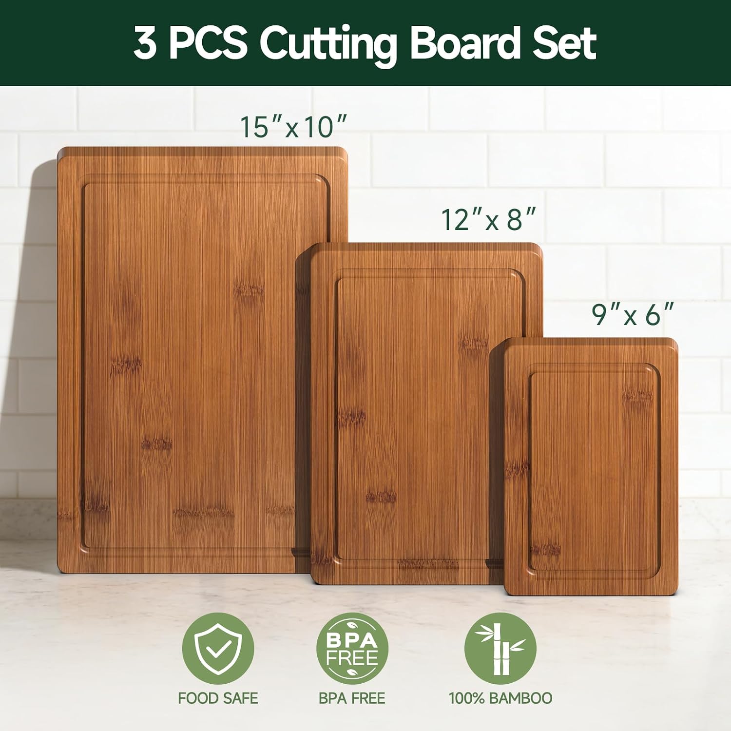 3-Piece Set Deep-Carbonized Bamboo Cutting Board for Kitchen, Carbonized - Image 2