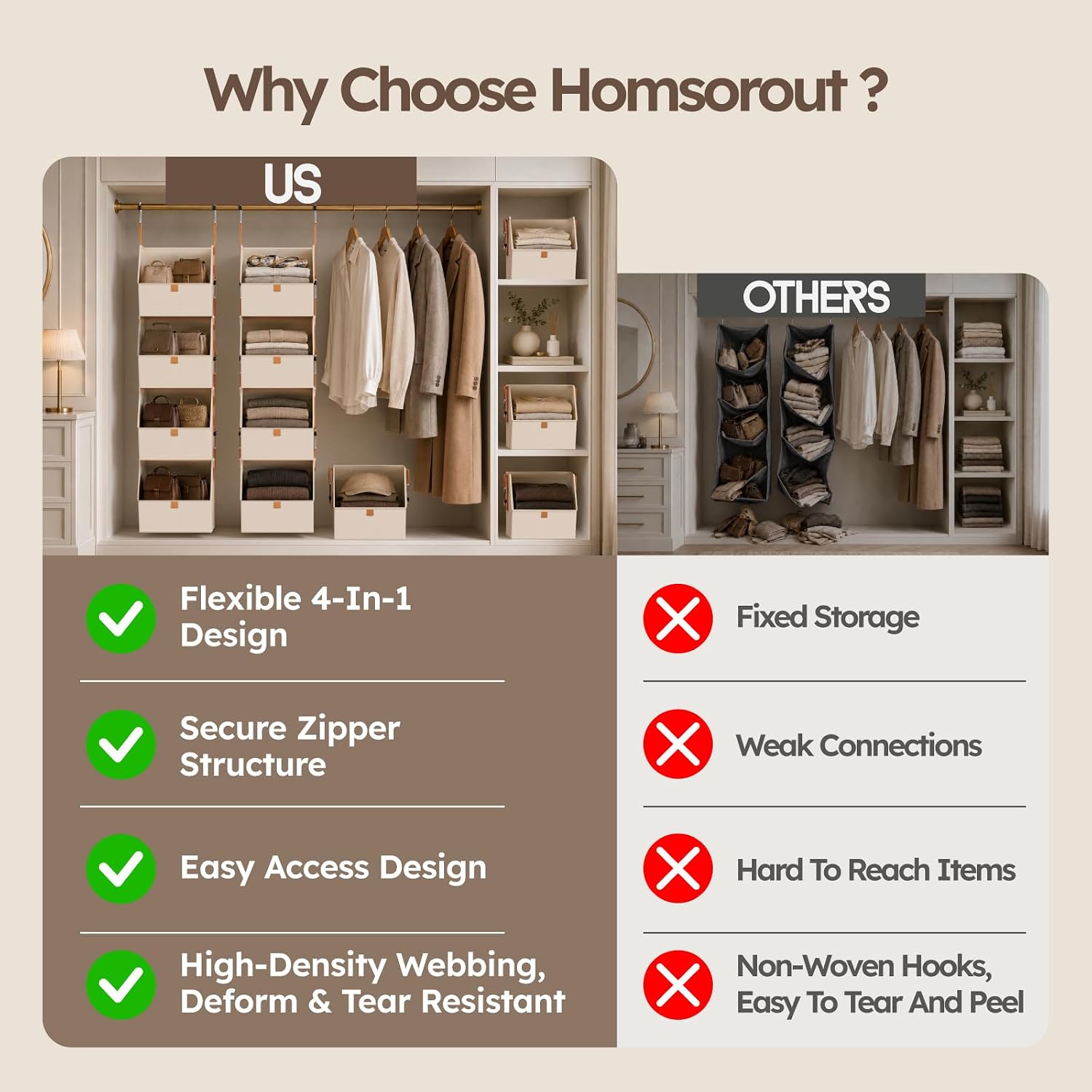 Homsorout Hanging Closet Organizer 4 Tier - Clothes Hanging Shelves, Space-Saving Closet System, Fabric Storage Bins Bedroom Organization, Collapsible Baskets for Home, Dorm, Rv, Beige - Image 3