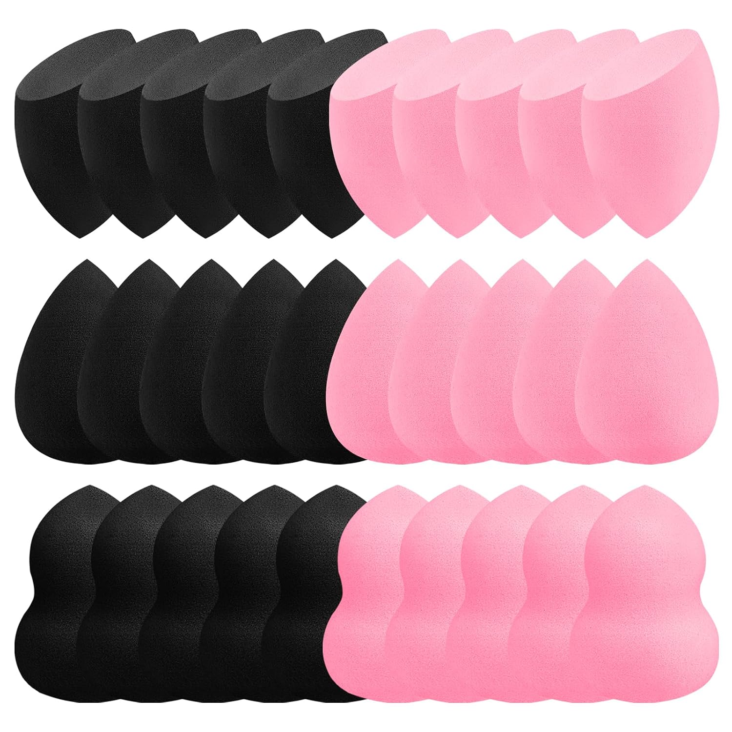 30 Pcs Makeup Sponge Set, 15 Pink+15 Black, Latex-Free Individually Wrapped