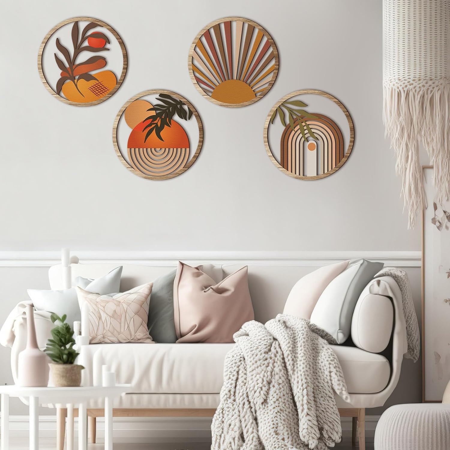 Qunclay 4 Pcs Boho Wall Art Bohemian Wood Round Circle Wall Decor Stylish - Image 7