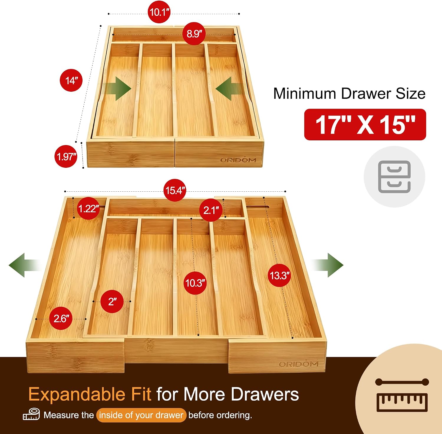 Expandable Bamboo Kitchen Drawer Organizer for Cutlery and Utensils, Adjustable Bamboo Wood Cutlery Tray in Drawer for Flatware and Silverware in Kitchen, (Natural) - Image 2