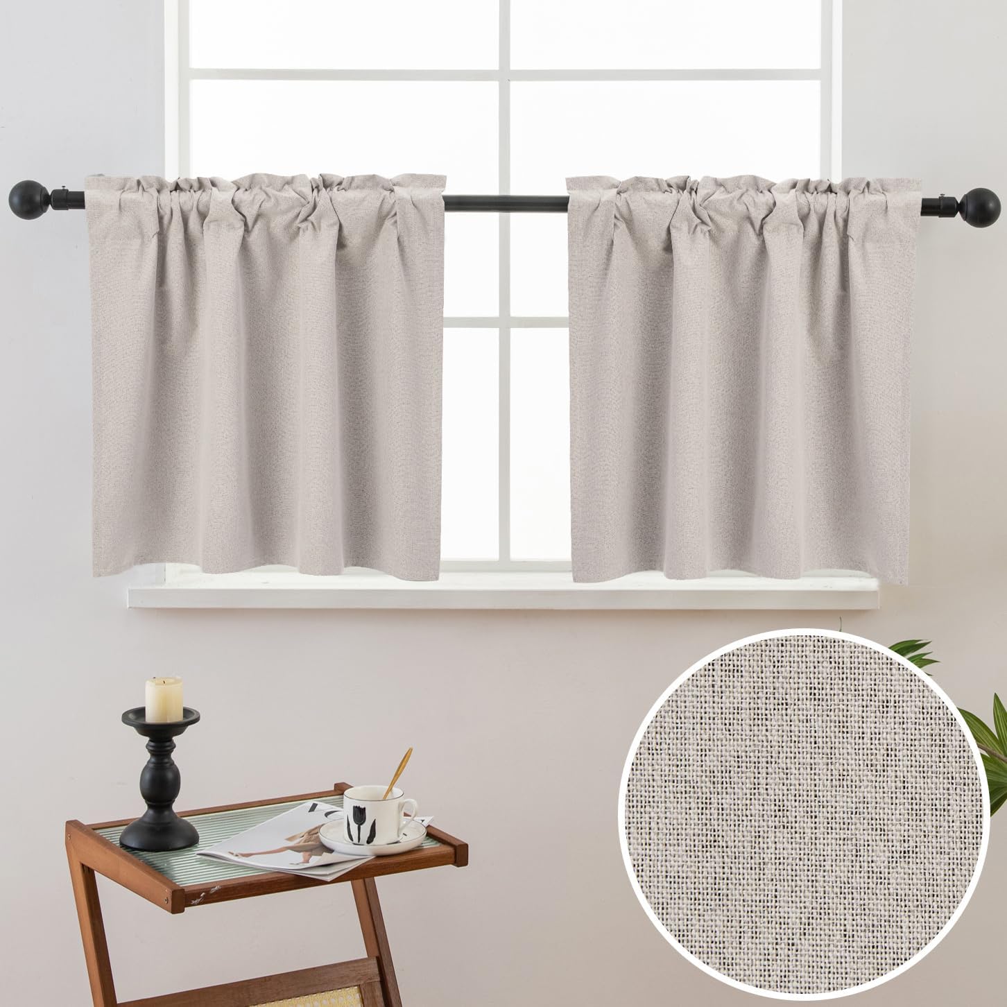 Pickluc 100% Blackout Cafe Curtain 24 Inches Long, Linen Kitchen Curtain for Small Window Treatment in Bathroom, Basement, RVs, Rod Pocket 2 Panels, W30 X L24 Inch, Natural - Image 2