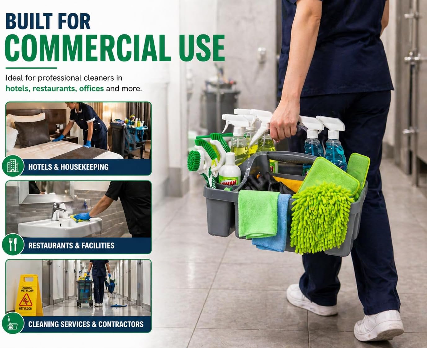 Libman Maid Caddy Cleaning Organizer, Heavy-Duty Janitorial Carry Caddy with Bottle Holders, Toilet Brush Holder & Tool Compartments, Commercial Cleaning Supply Tote - Image 4