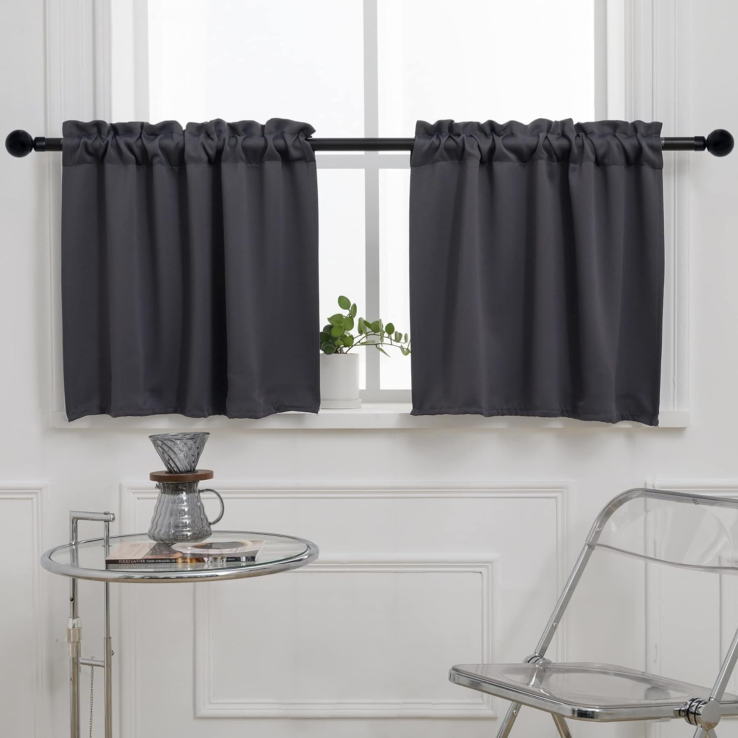 Pickluc Rod Pocket Tier Curtain - Half Blackout Curtain for Kitchen, Bathroom, Cabinet, Basement, 30 Inches Wide and 24 Inches Long, Dark Grey, 2 Panels - Image 2