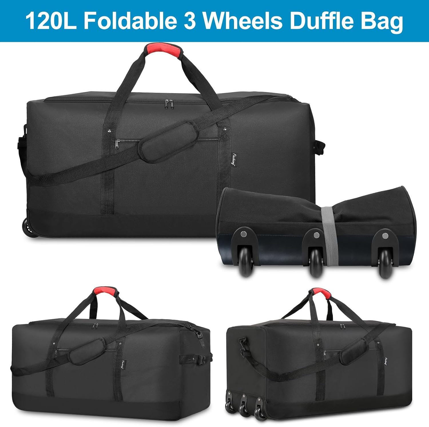 Finnhomy 120L Foldable Rolling Duffel Bag with 3 Wheels, Light Weight Travel Duffel bag with Large Loading Capacity, 32'' Rolling Duffel bag with Shoulder Strap - Image 3