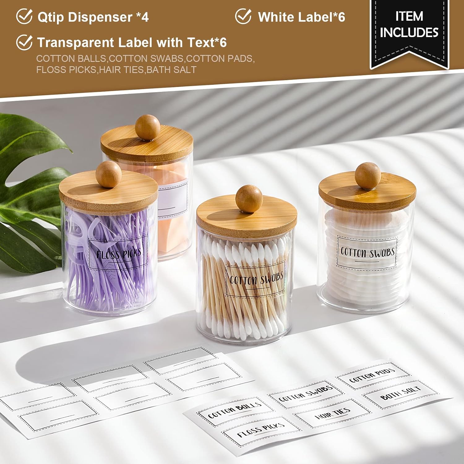 4 Pack Qtip Holder Dispenser with Bamboo Lids - 10 oz Clear Plastic Apothecary Jar Containers for Vanity Makeup Organizer Storage - Bathroom Accessories Set for Cotton Swab, Ball, Pads, Floss - Image 3