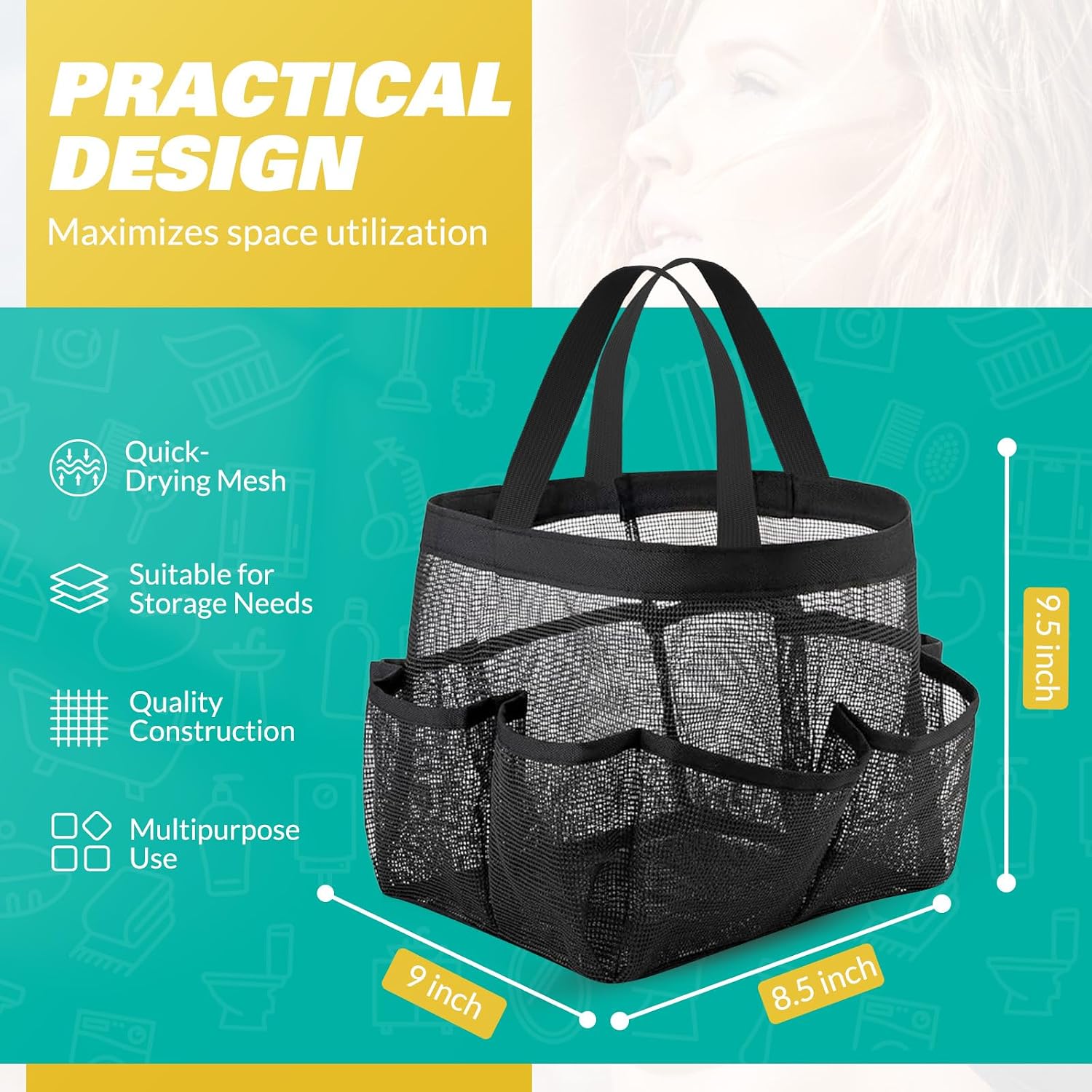 LOYEE Mesh Shower Caddy Portable for College Dorm Room Essentials with 8 Pockets, Shower Bag for Beach, Swimming, Gym, Travel, Bathroom(Black) - Image 2