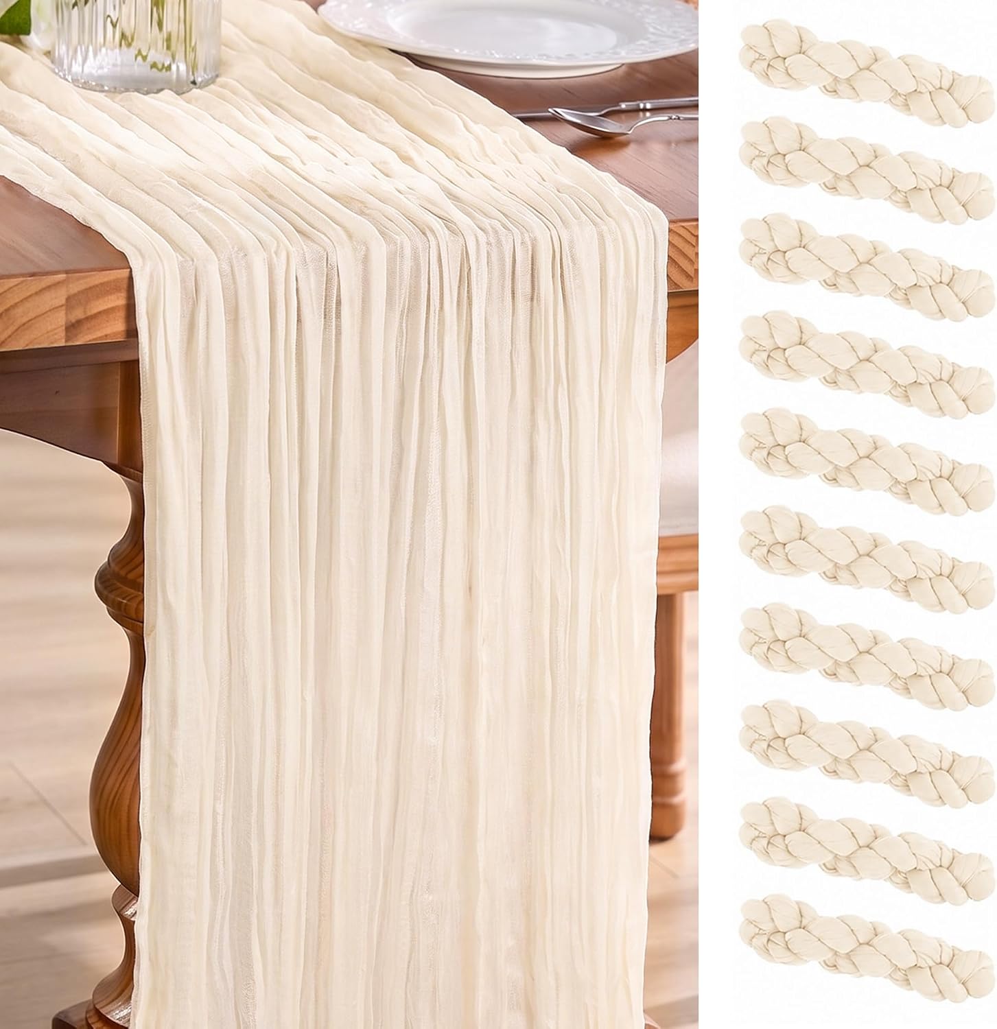 Goodluck 10 Pack 10Ft Ivory Cheesecloth Table Runner 35x120 Inch Boho Gauze Table Runner Cheese Cloth Extra Long Romantic Table Runners for Wedding Bridal Shower Birthday Party Table Decor