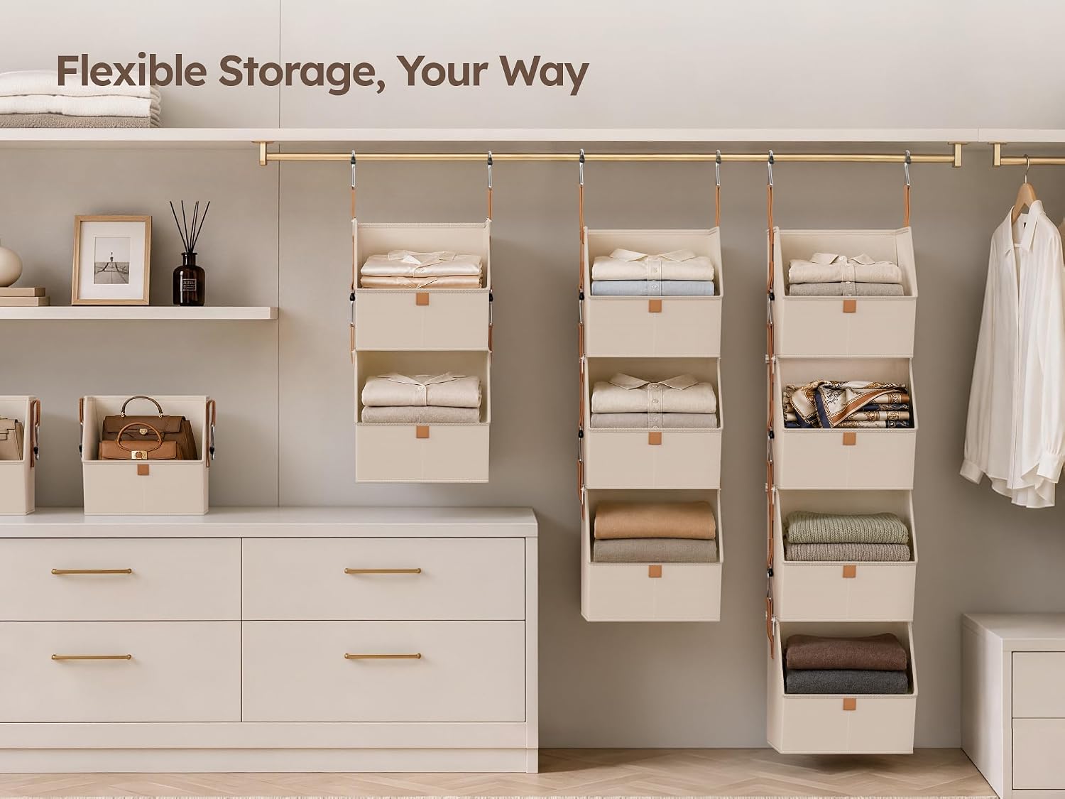 Homsorout Hanging Closet Organizer 4 Tier - Clothes Hanging Shelves, Space-Saving Closet System, Fabric Storage Bins Bedroom Organization, Collapsible Baskets for Home, Dorm, Rv, Beige - Image 5