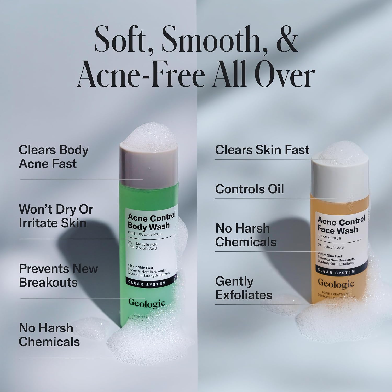 Geologie Acne Control Bundle, 2% Salicylic Acid Face Wash and SA/Glycolic Body Wash, Clears Face and Body Breakouts, Controls Oil, for Men and Women - Image 3