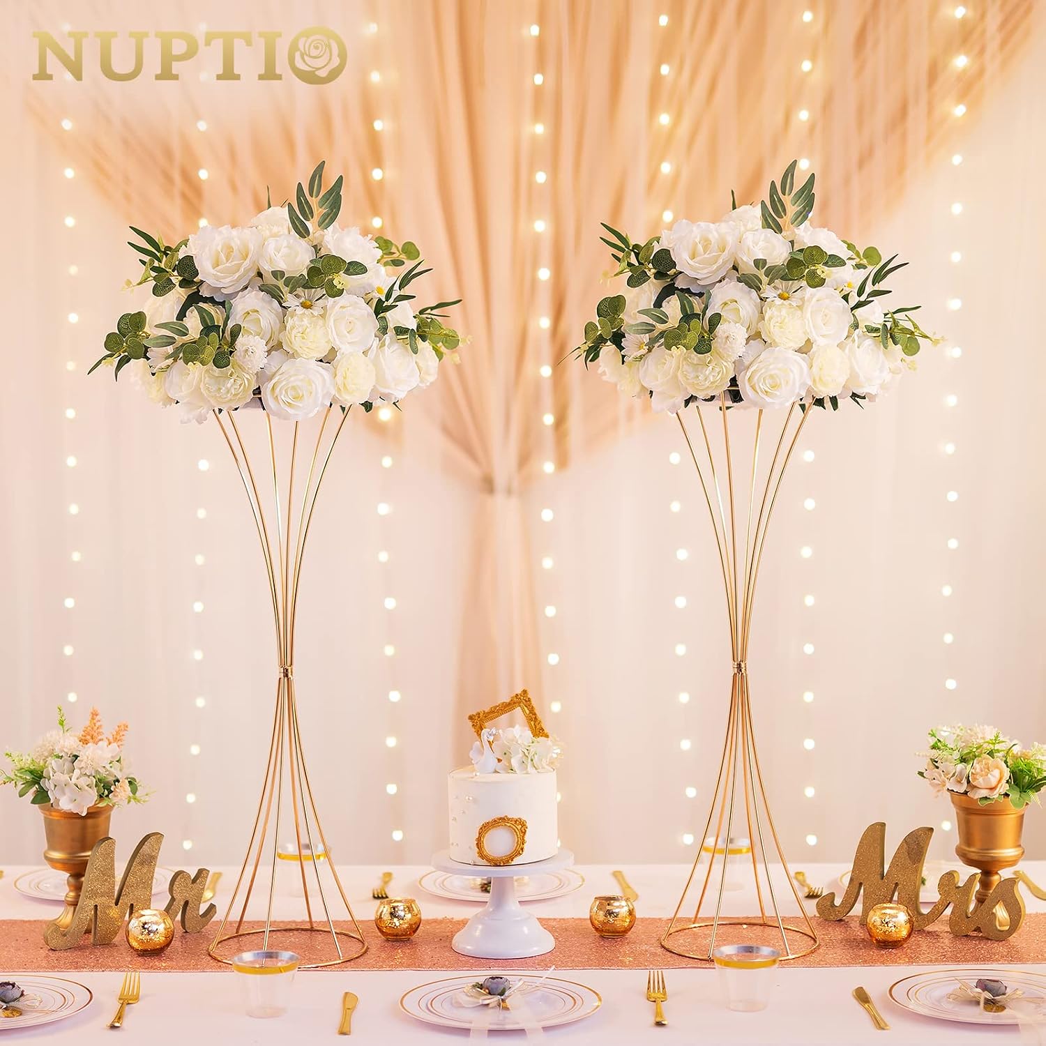 NUPTIO Large Flower Centerpieces for Tables: 17.7 inch Diameter White Artificial Flower Ball Arrangement for Wedding Party Centerpiece - 2 Pcs Fake Floral Rose for Bridal Shower Decorations - Image 2