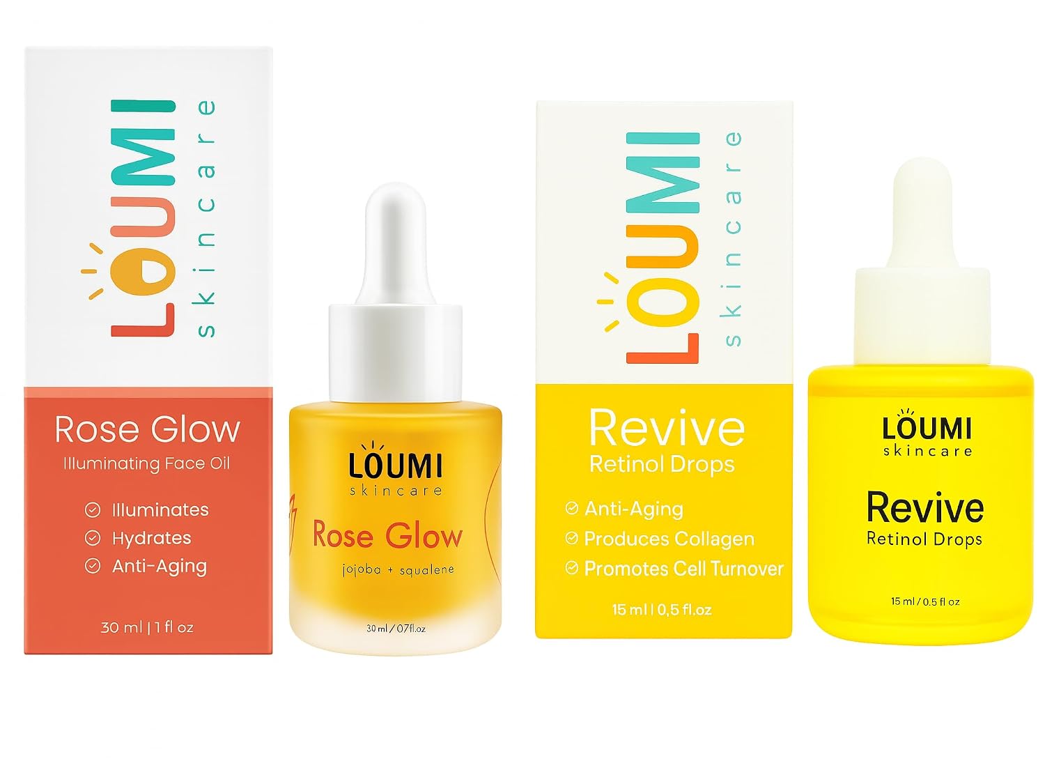 LOUMI Skincare Daily Duo - Rose Glow and Revive Retinol Drops - Moisturizing Face Oil - Lightweight Hydration - Vegan, Paraben-Free, Sulfate-Free, Cruelty-Free, Facial Skin Care for Women & Men