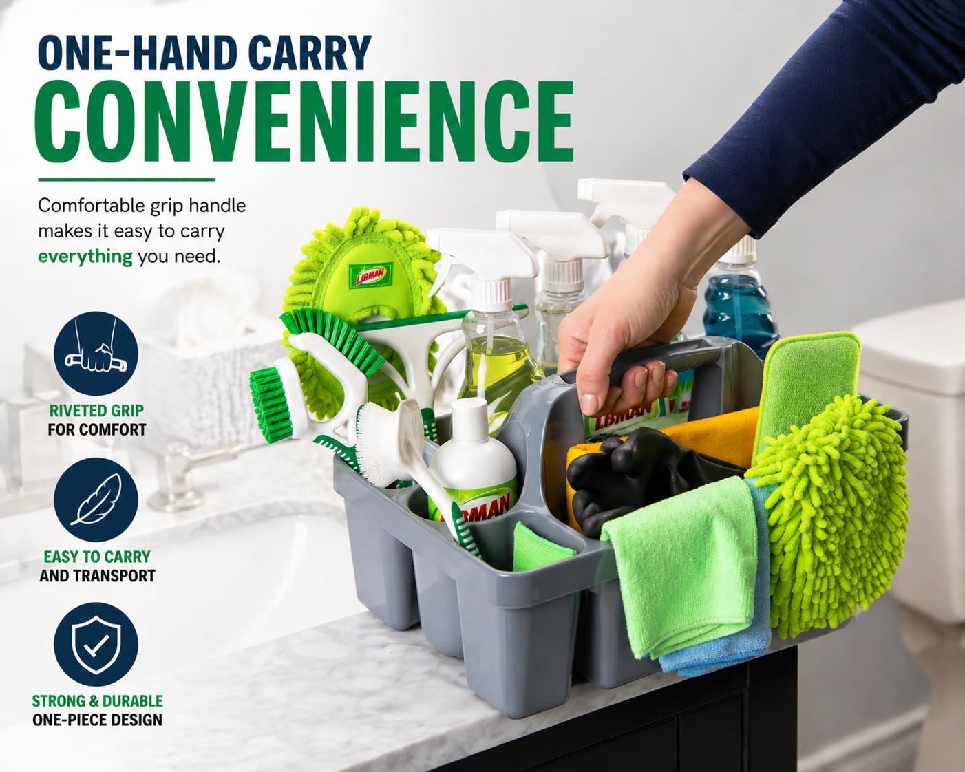 Libman Maid Caddy Cleaning Organizer, Heavy-Duty Janitorial Carry Caddy with Bottle Holders, Toilet Brush Holder & Tool Compartments, Commercial Cleaning Supply Tote - Image 3