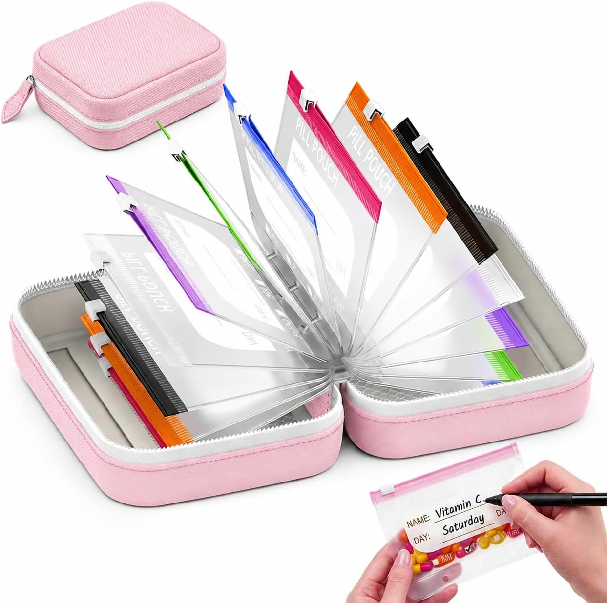 Waterproof Pill Organizer Set, Portable Pill Pouches for Travel (Pink)