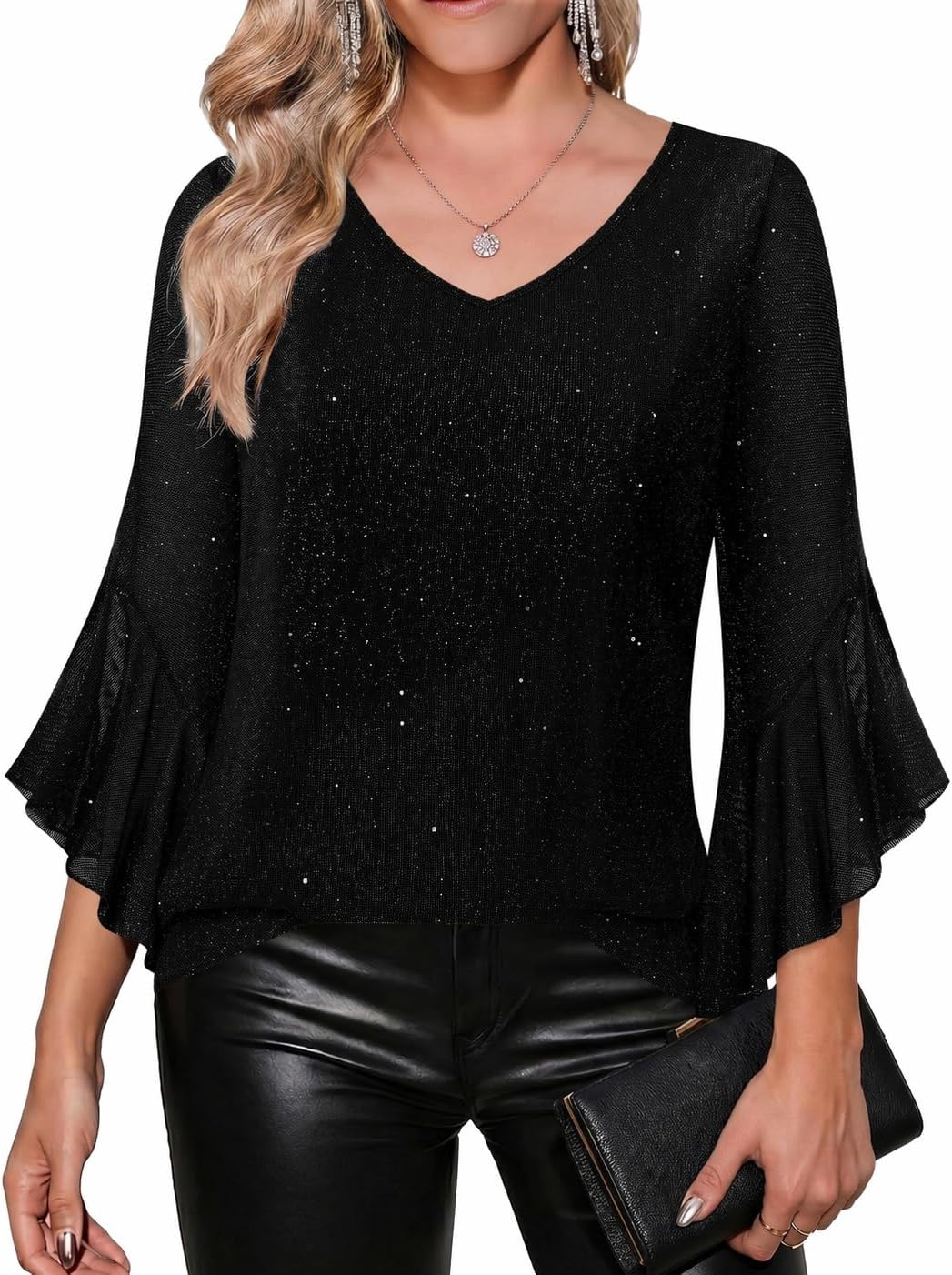 Zeagoo Womens Blouses Ruffle 3/4 Sleeve Sequin Top V Neck Mesh Fall Shirts