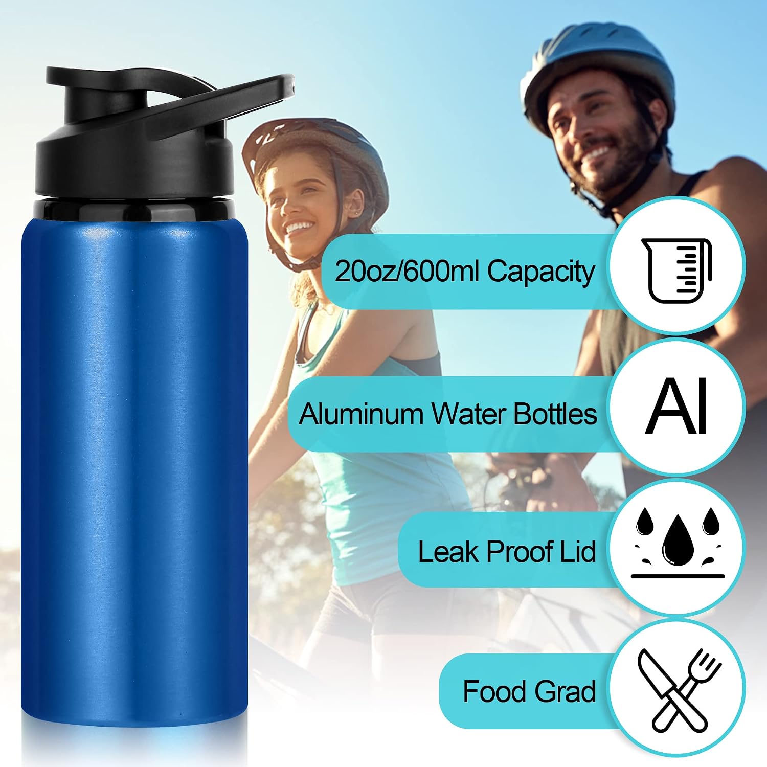 10 Pack Water Bottles Bulk, 20oz Sports Aluminum Water Bottle with Snap Lids Metal Reusable Leak proof Personalized Bottle for Travel Camping Gym Hiking Fishing(Black) - Image 3