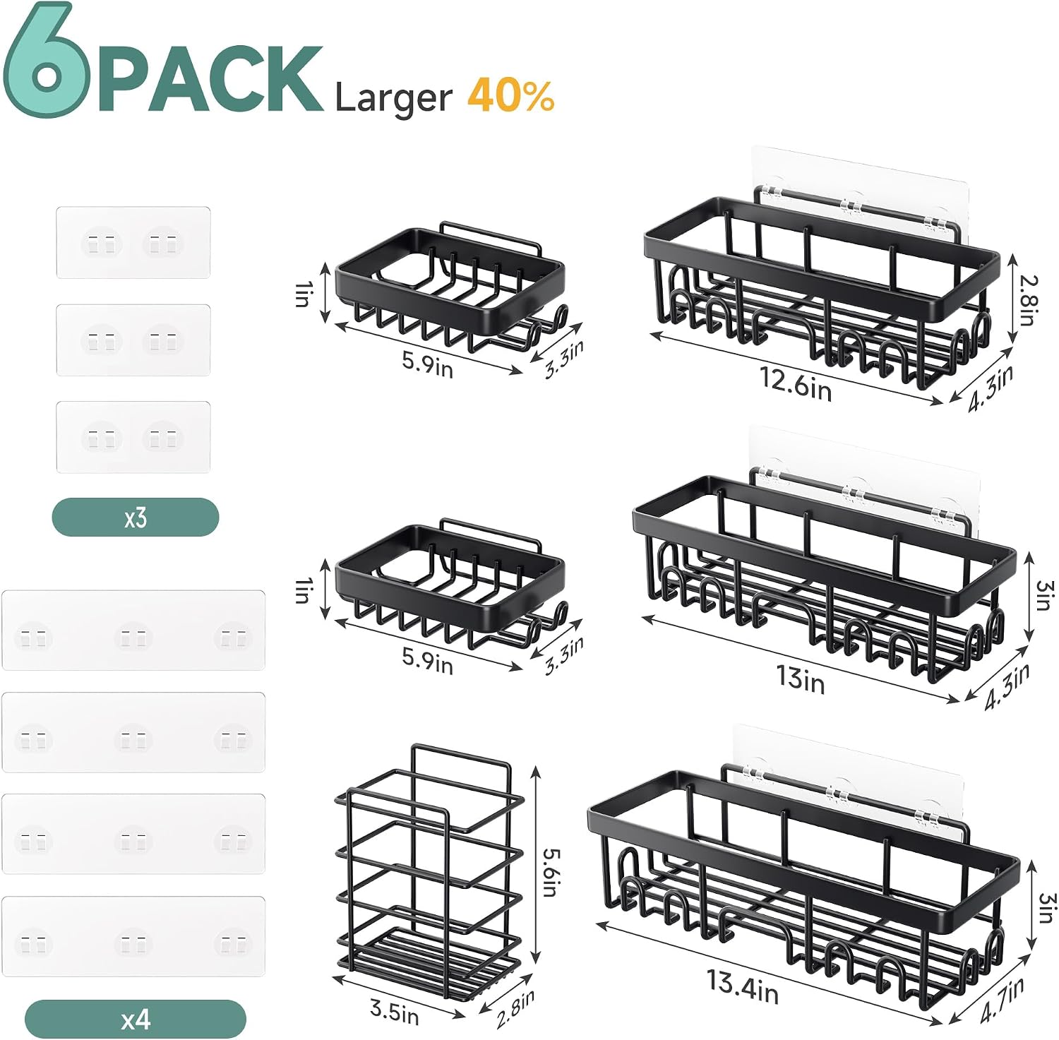 Veken Shower Caddy 6-Pack, Bathroom Organizers and Storage Shelves, Black - Image 7