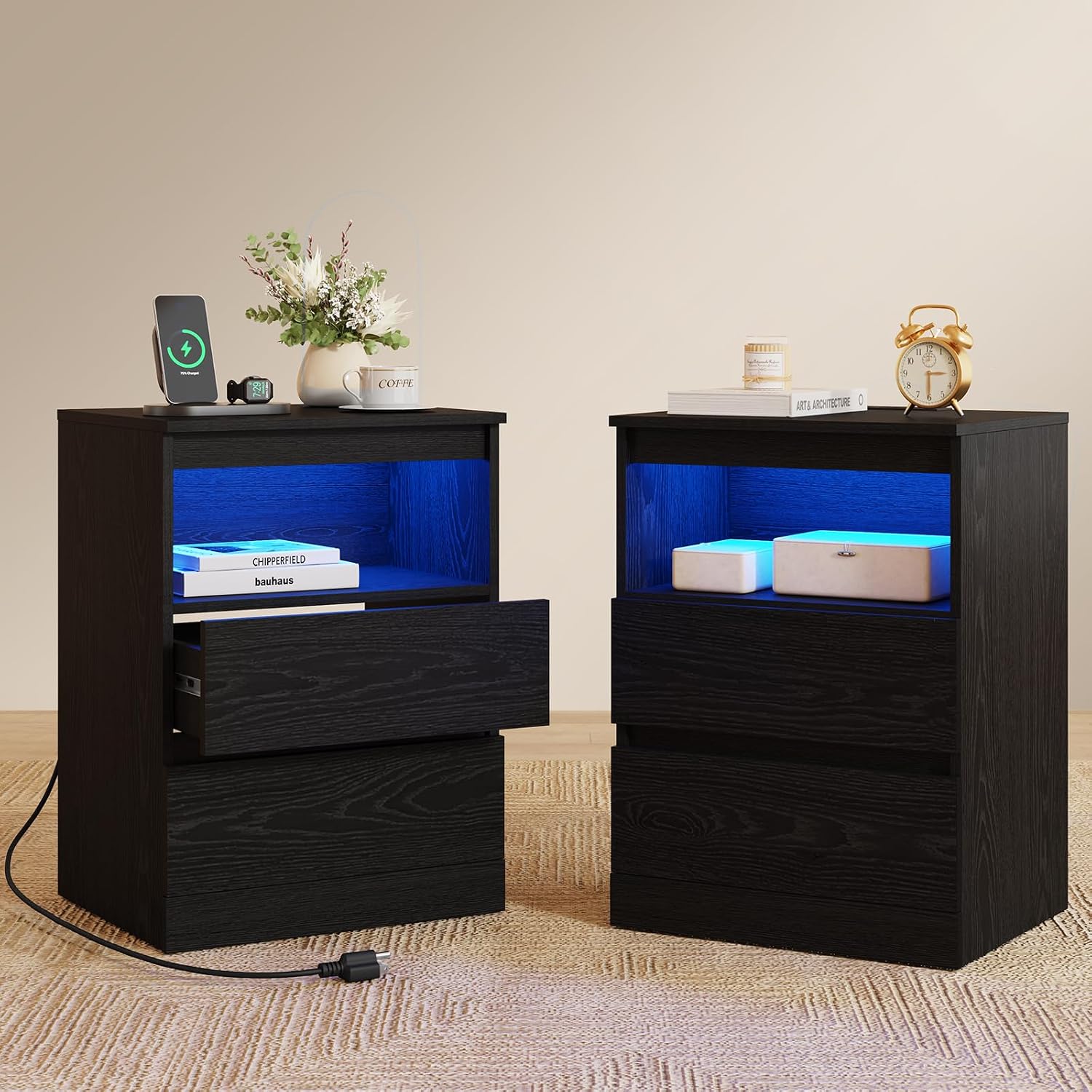 Nightstands Set of 2 with Charging Station, LED Lights and Drawer, Black - Image 2