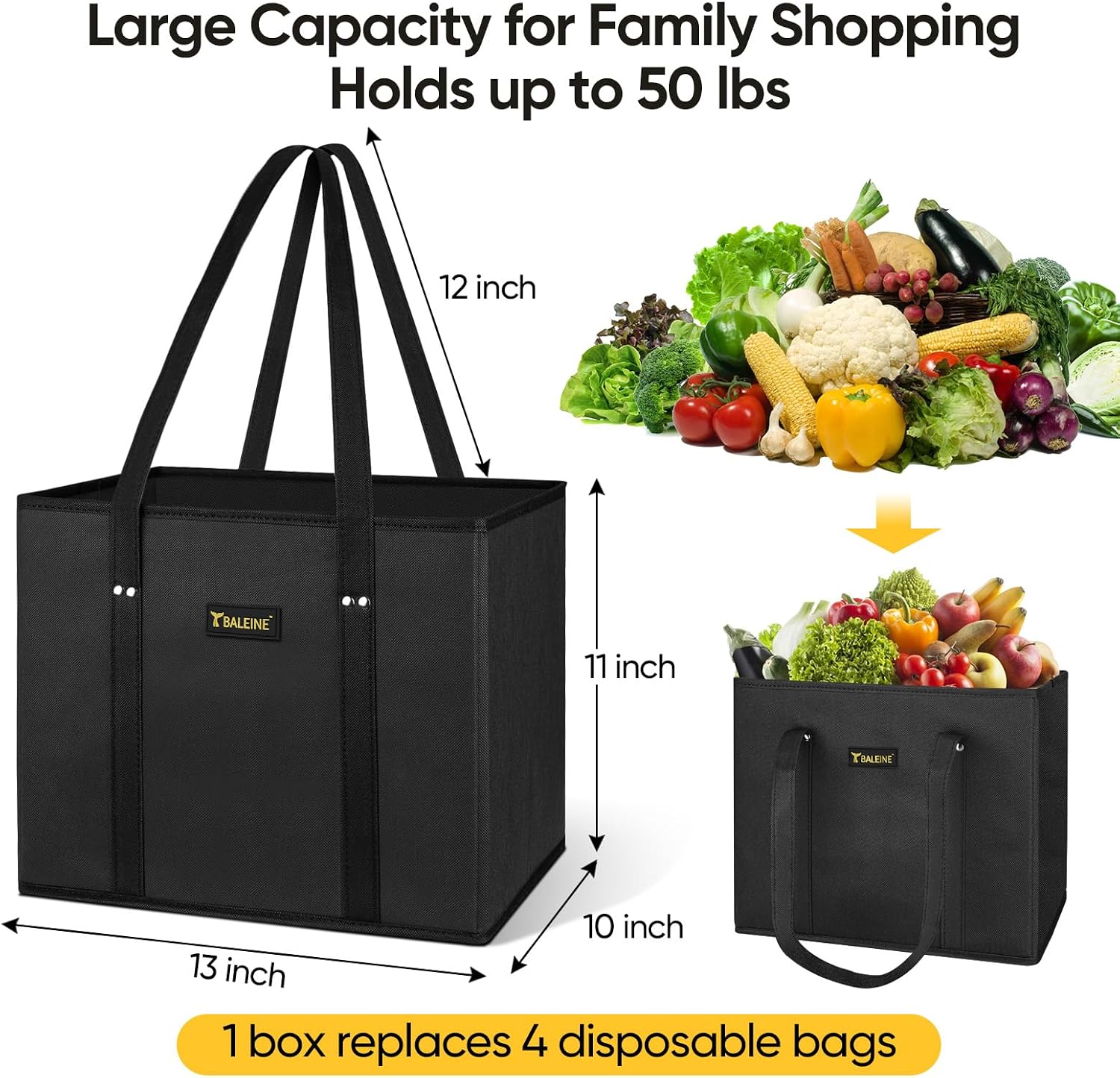 BALEINE 3PK Reusable Grocery Bags, Heavy Duty Shopping Tote Bag - Image 2