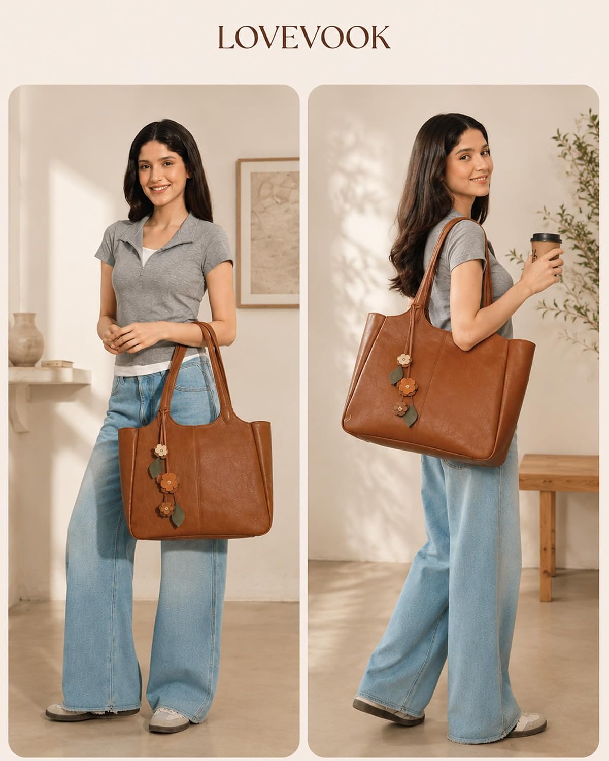 LOVEVOOK Leather Tote Bag for Women, Work Shoulder Bag with 40oz Cup Holder - Image 2