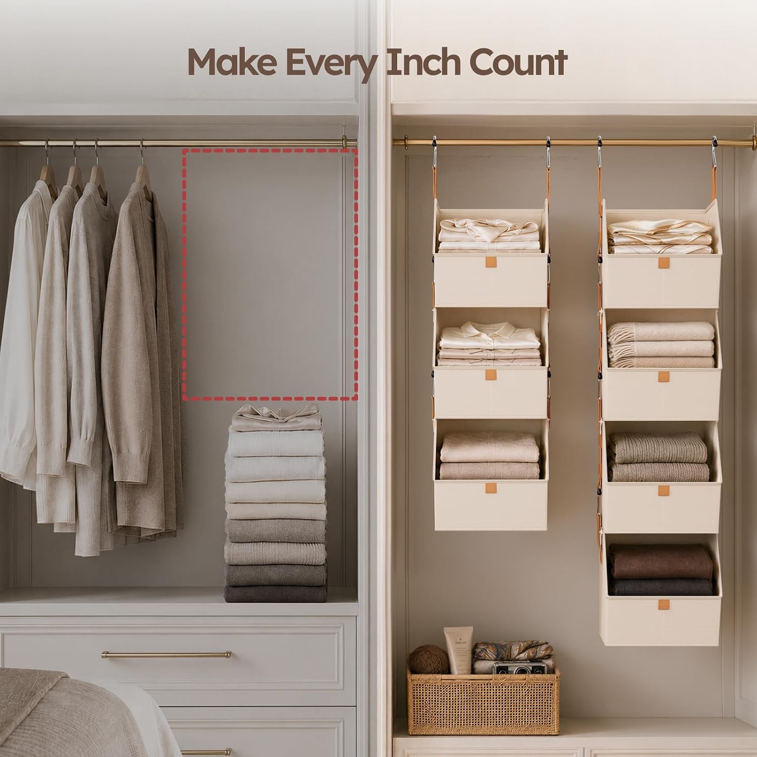 Homsorout Hanging Closet Organizer 4 Tier - Clothes Hanging Shelves, Space-Saving Closet System, Fabric Storage Bins Bedroom Organization, Collapsible Baskets for Home, Dorm, Rv, Beige - Image 4
