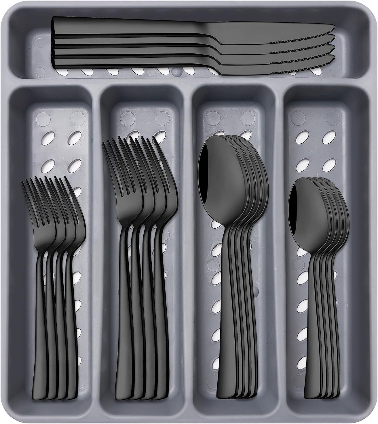 21 Pcs Black Silverware Sets with Organizer Spoon Fork Set Eating Utensils