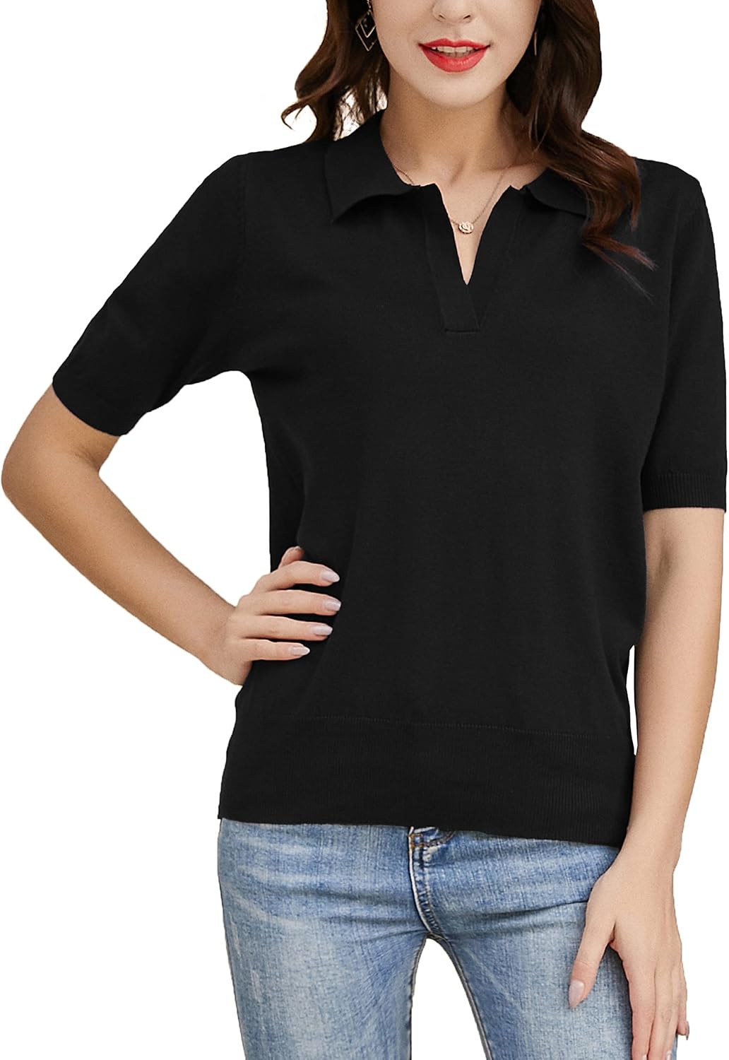 Women's Short Sleeve Classic V Neck Collared Casual Polo Sweater Tops - Image 8
